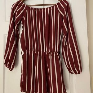burgundy off the shoulder striped romper